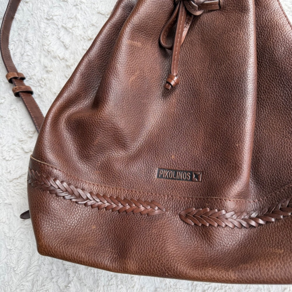 Pikolinos Brown Leather Drawstring Backpack Shoulder Bag Made in Spain Braided - Picture 7 of 14